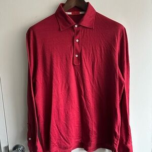 ISAIA  Red Cotton Linen Long Sleeve Polo Shirt US XL